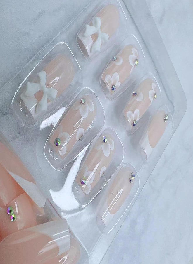 BSBTBZ 24pcs French Tip Press on Nails Medium Length Fake Nails Flower with 3D Flower Bow Charms Acrylic Nails Press ons Design Glossy Pink False Nails Cute Stick on Nails for Women Manicure Tips - Image 4